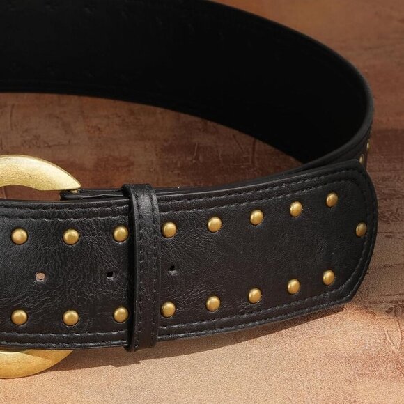 Wide Chunky Studded Leather Belt – 2.3” Vintage Waist Belt with Brass Buckle main image 12